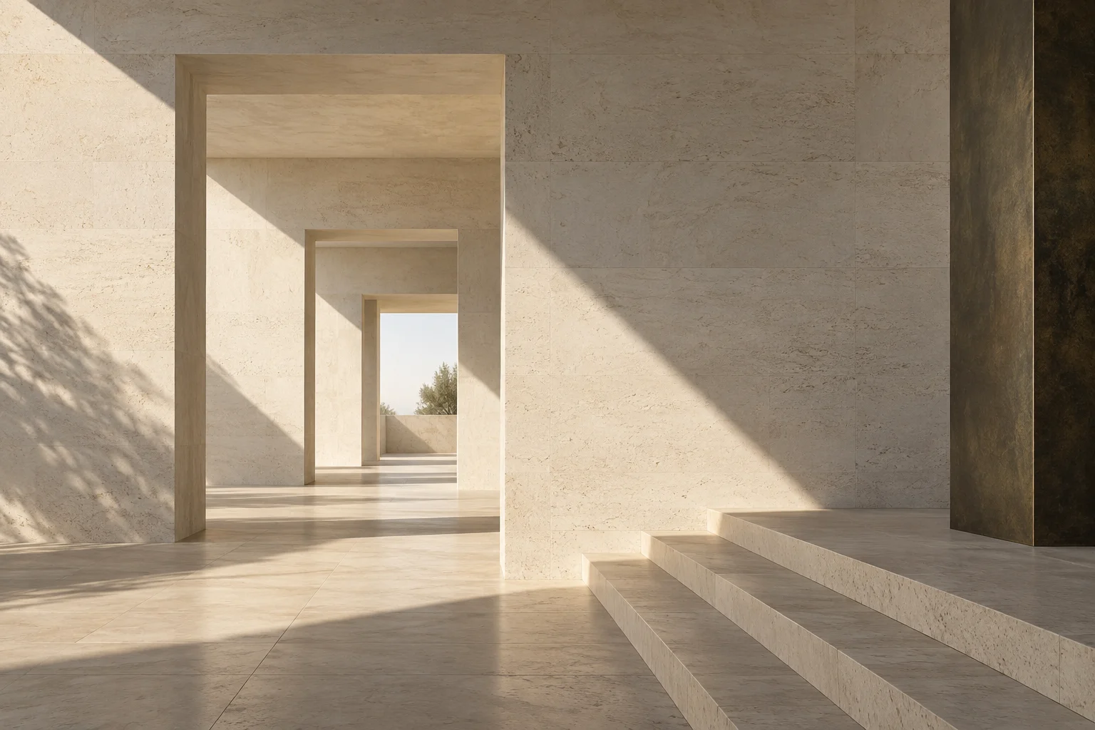 A conceptual study of sunlight passing through layered white thresholds and stone steps